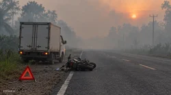 Ilustrasi AI: risiko kecelakaan di jalan berkabut asap; bukan dokumentasi atau rekonstruksi kejadian di Sampit.