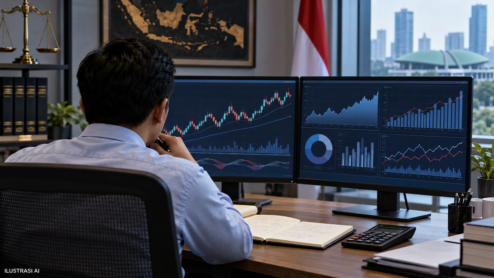 Ilustrasi AI: pemantauan perdagangan saham; grafik bukan data DSSA, BREN, atau CUAN dan sosok bukan pihak dalam perkara.