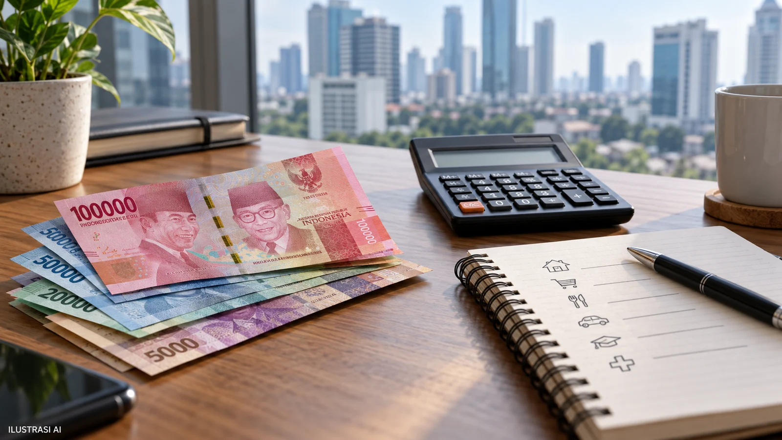 Ilustrasi AI: rupiah dan perencanaan keuangan; bukan dokumentasi pengumuman keputusan Bank Indonesia.
