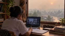 Ilustrasi AI: siswa belajar daring saat kabut asap