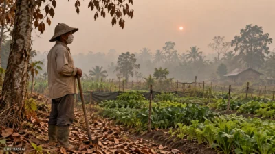 Ilustrasi AI petani Rakumpit menghadapi kabut asap; bukan dokumentasi kerusakan kebun sebenarnya.